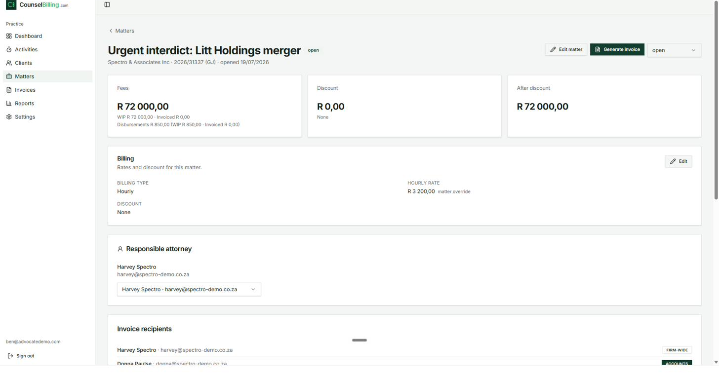 Matter page: WIP vs invoiced, billing card with matter-override rate.
