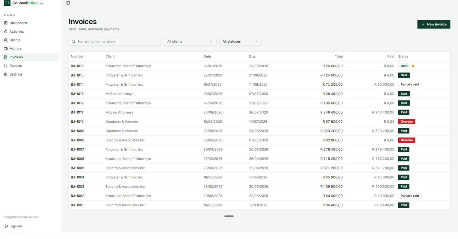 Invoice register: totals, amounts paid, and statuses.