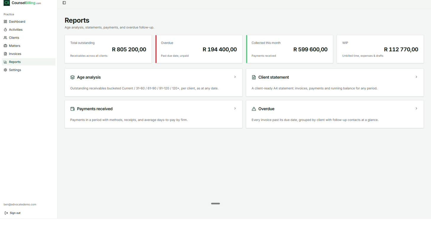 Reports hub: age analysis, statements, payments, overdue.