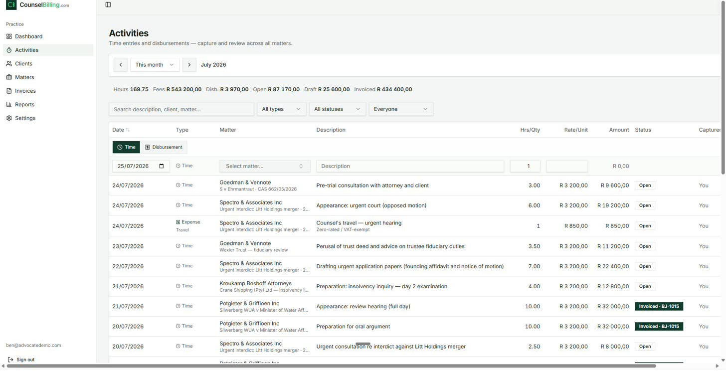 Activities: practice-wide ledger of time and expenses with period totals.