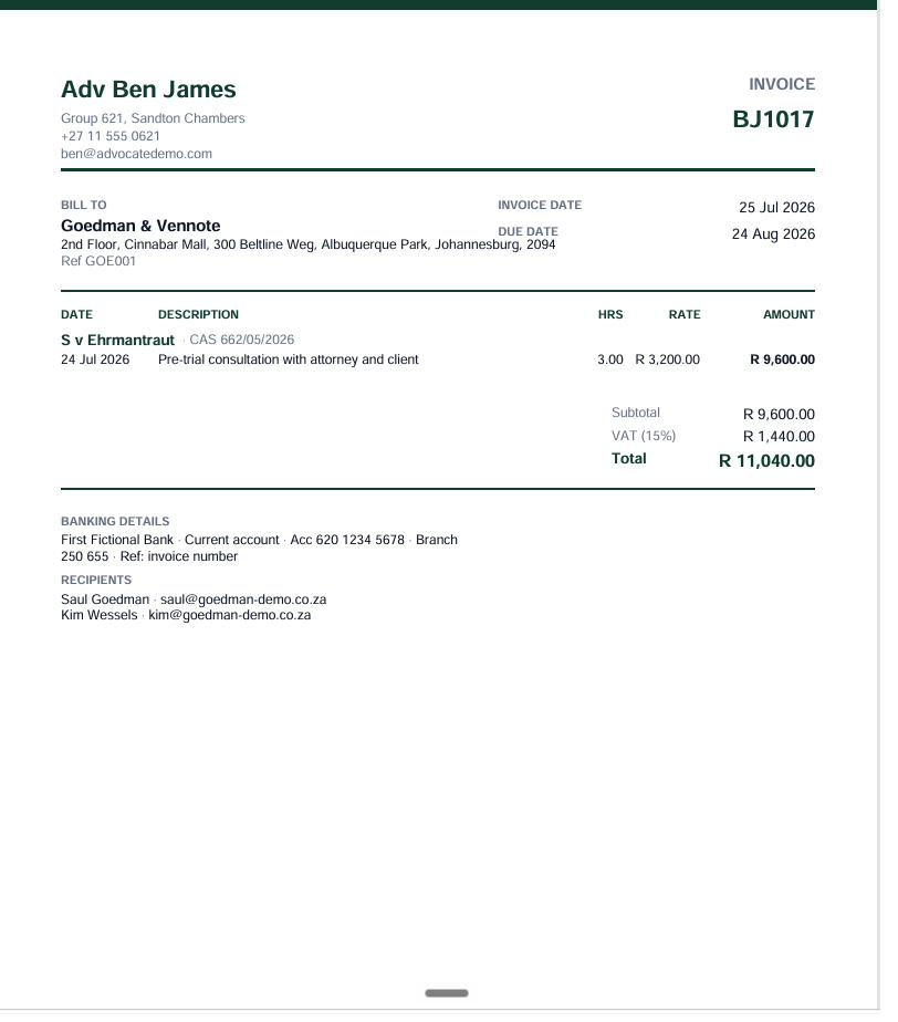 A single-item fee note (BJ1017).