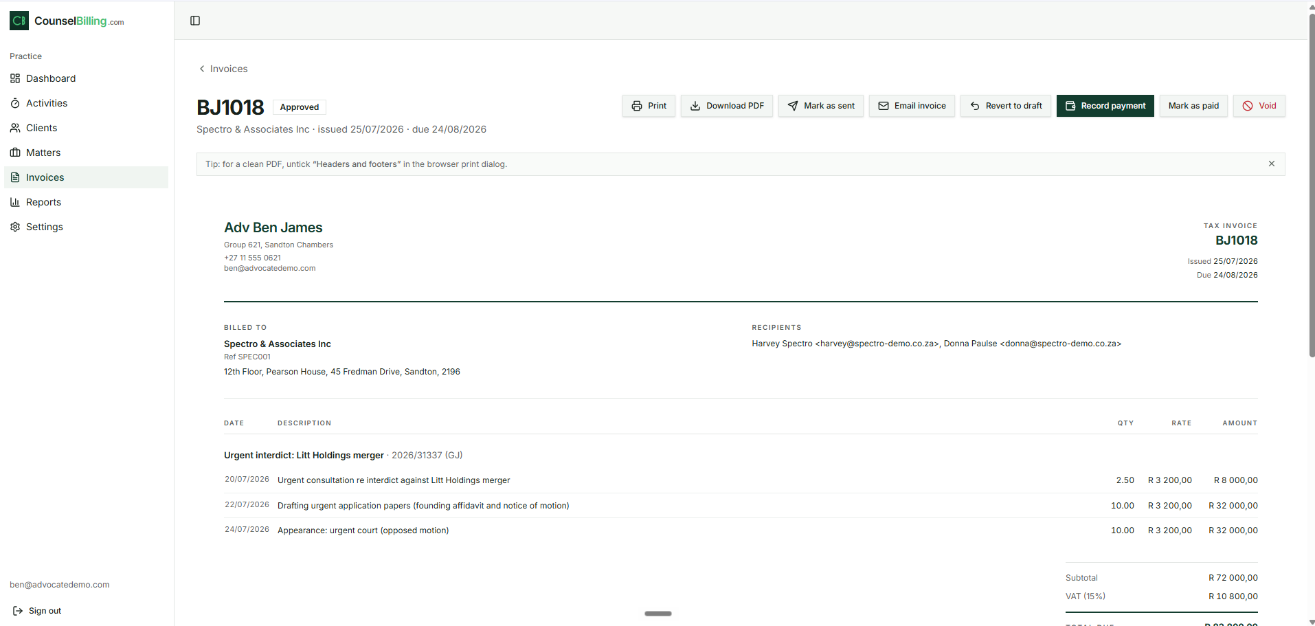 An approved invoice with its action bar.