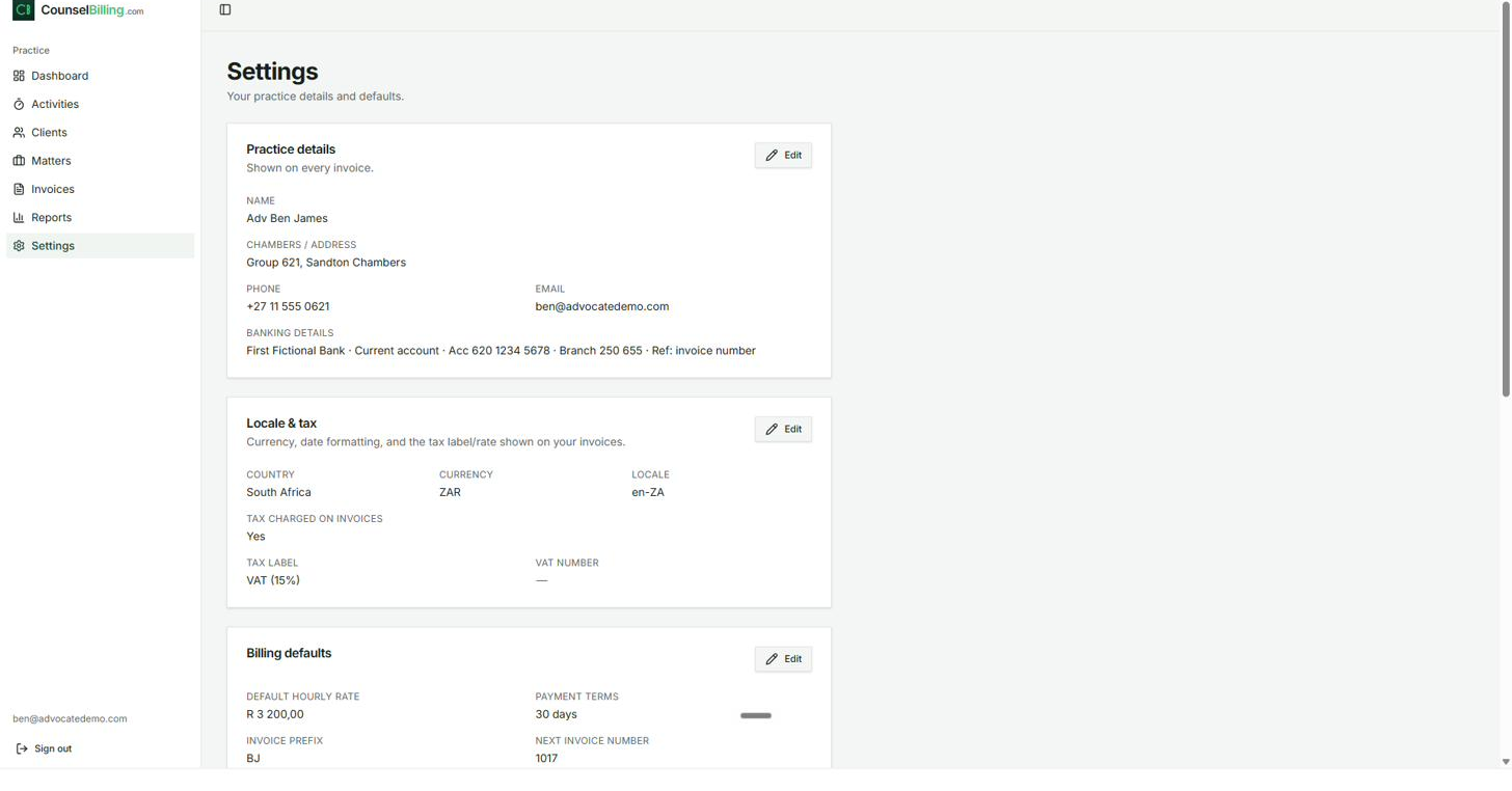 Settings: practice details, locale & tax, and billing defaults.
