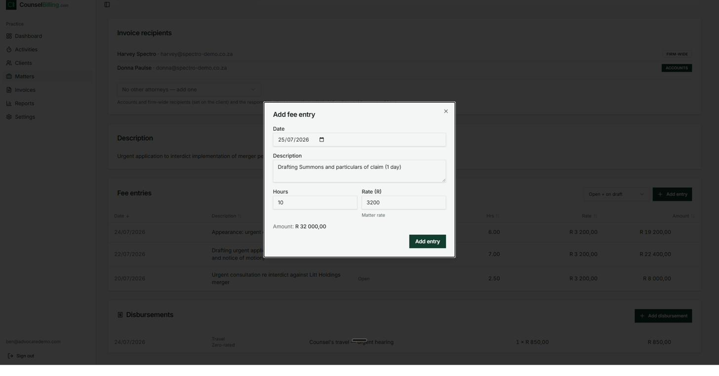 Add fee entry dialog: date, description, hours, rate — amount calculates live.